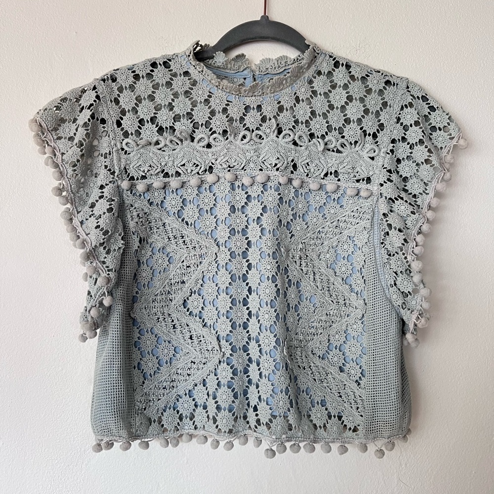Revolve Tularosa Blue Crochet Pom Pom Top - The Kennedy Top in Blue Lace